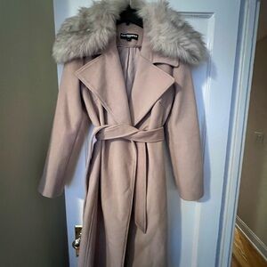Karl Lagerfeld Beige Trench Coat with Faux Fur Collar